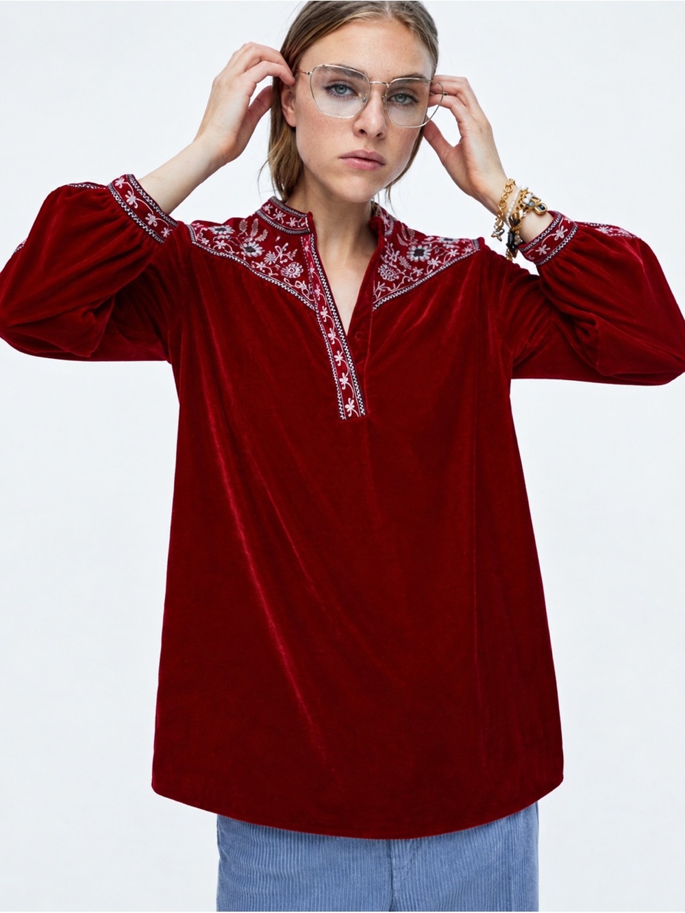 Zara Red Velour Embroidered Top S 70’s Romantic Hippie Bohemian Royalcore